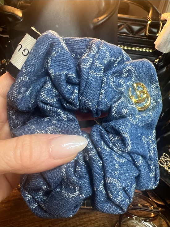 None Accessories - Blue Denim Logo Scrunchie with Gold Double-G Accent